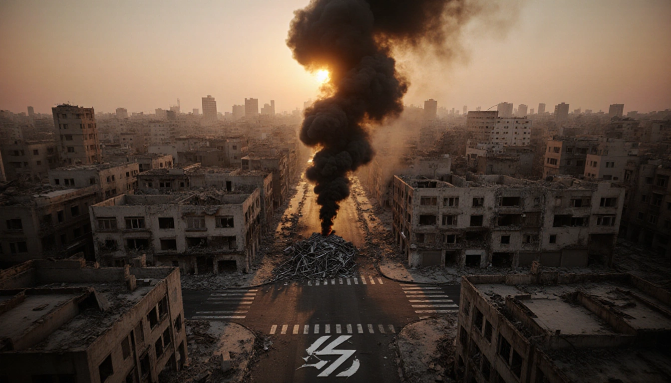 Smoke plume rising from a crumbled intersection with orange sunset glow and twisted metal debris.