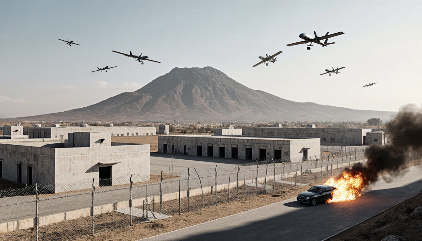 Drone crashing into military compound during airstrikes with smoke billowing car and Mount Rihan in background