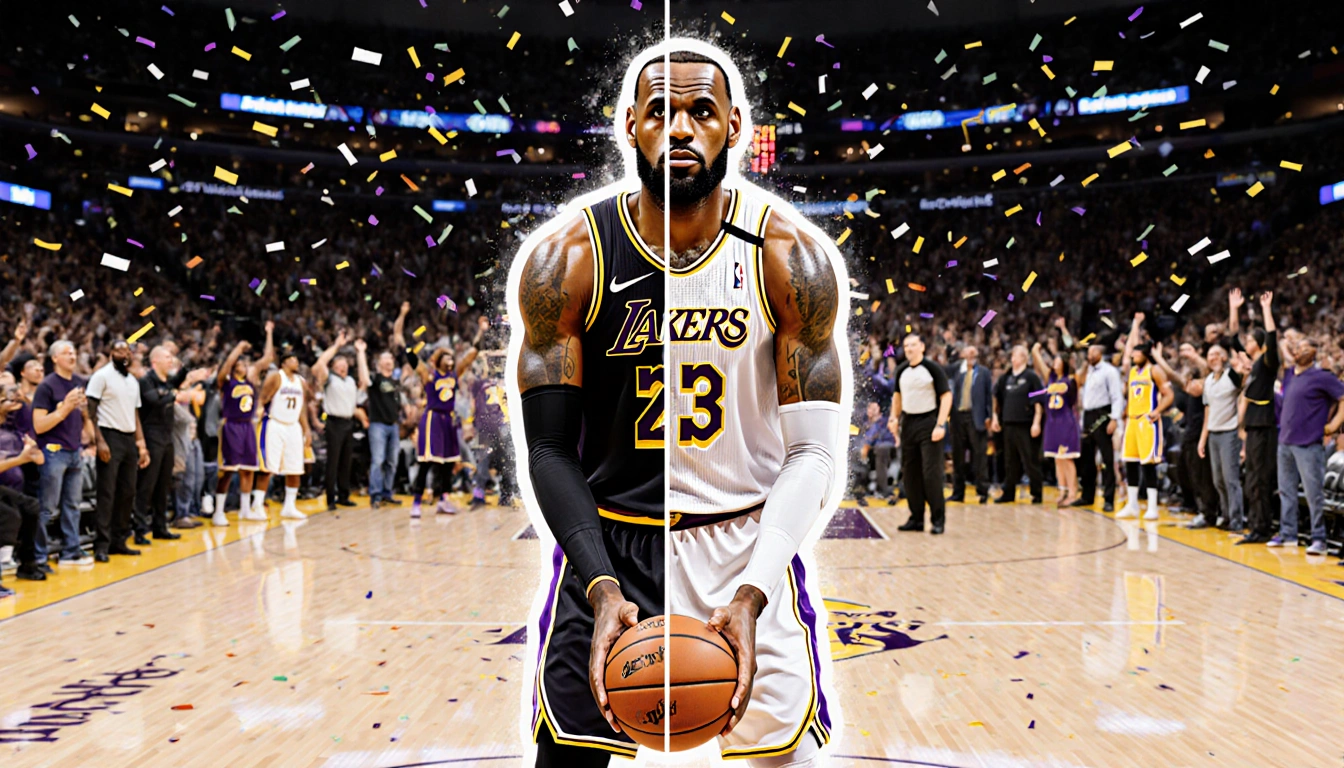 LeBron James taking a free throw with focused expression and confetti falling from the rafters in a stadium background