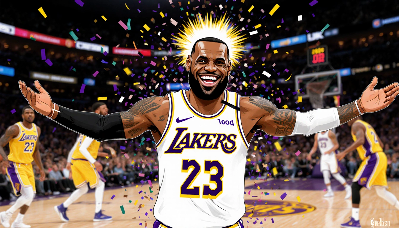 LeBron James praises Luka Doncic with huge smile and arms extended surrounded by confetti light blurred court showing motion.