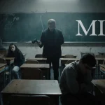 Perpetrator holding a gun with students cowering behind desks in dim lecture hall