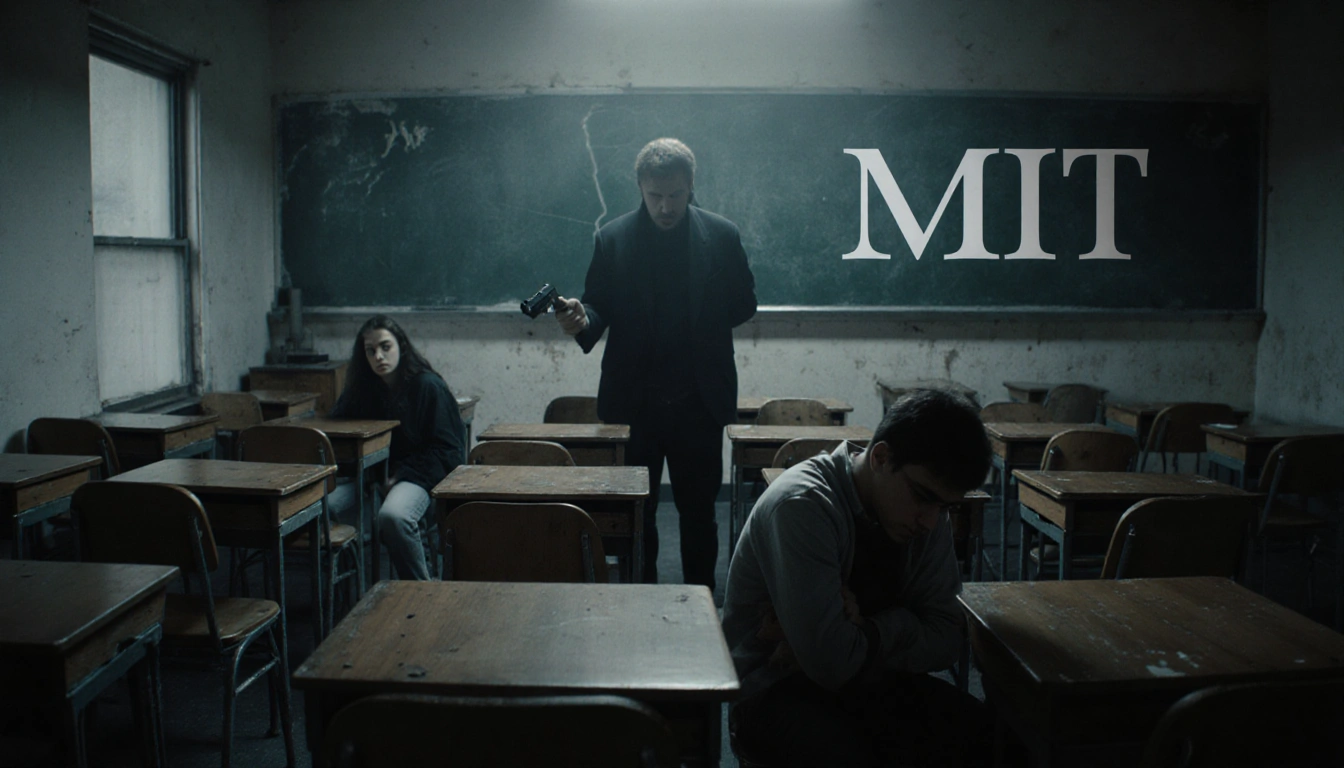 Perpetrator holding a gun with students cowering behind desks in dim lecture hall