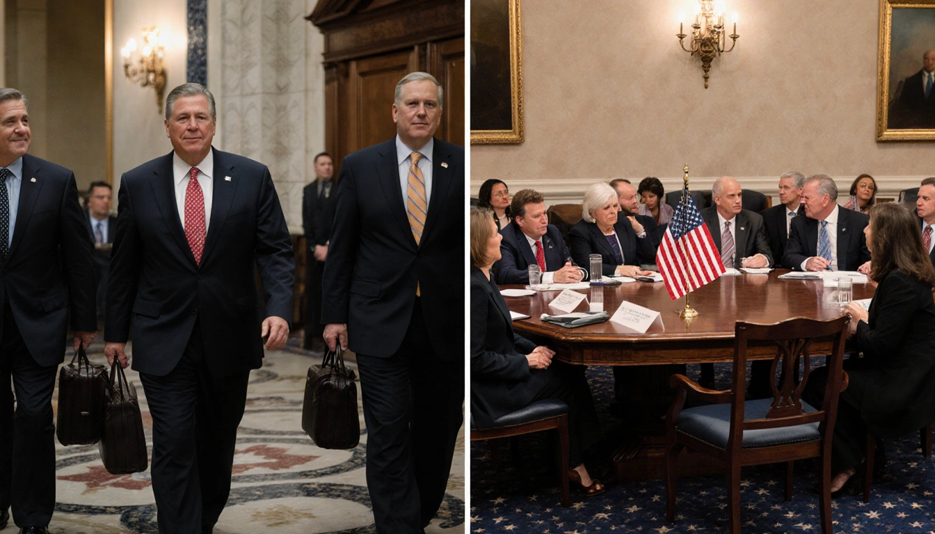 Conservative lawmakers walking away from a table with American flag while moderates debate nearby in legislative chamber