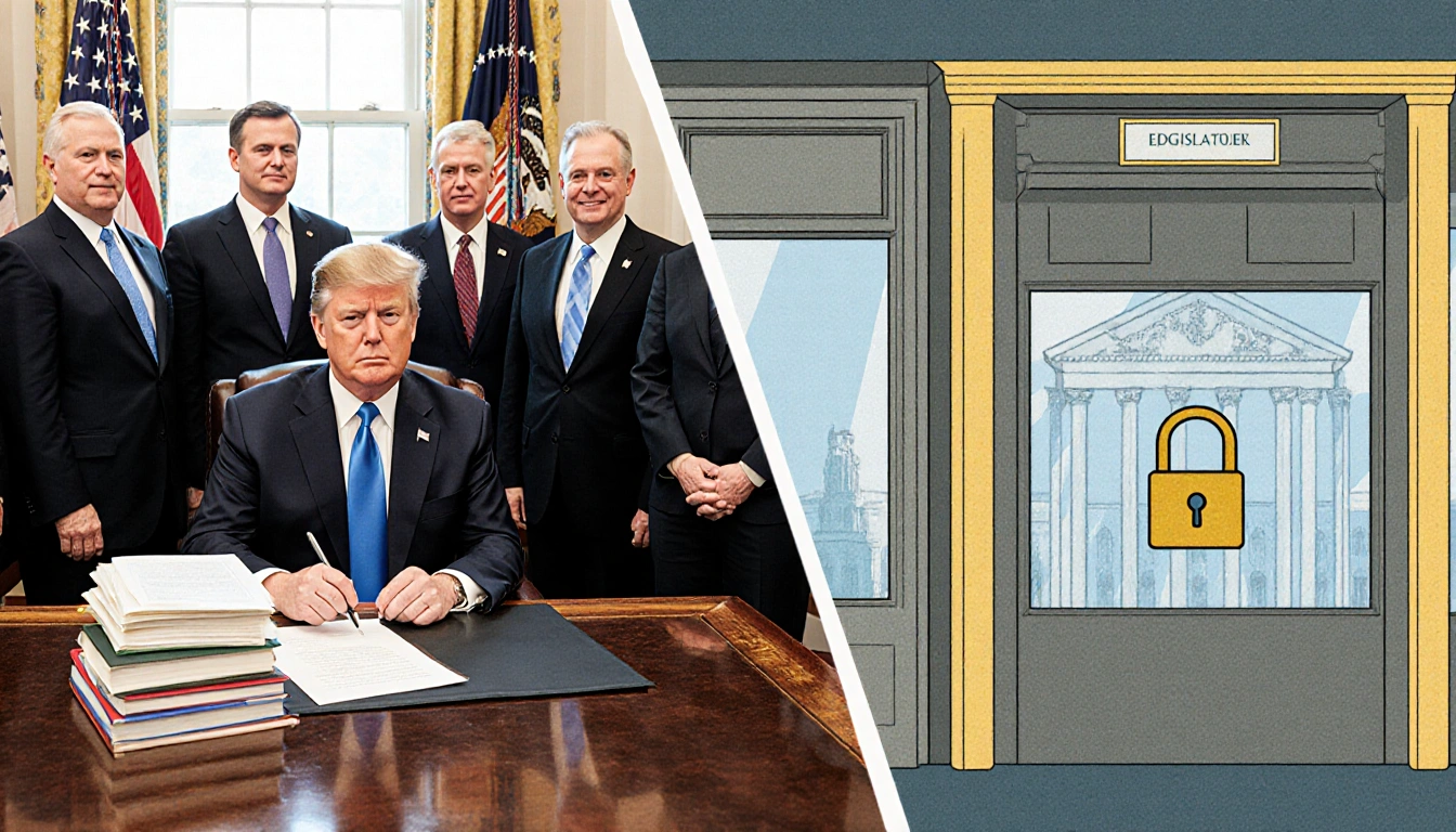 Congress members gather around a desk with law and a locked room represents Kennedy Center board lacking legislative power.
