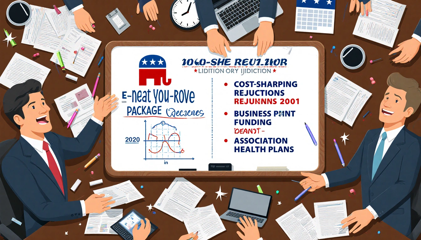 House members working with a GOP health‑care package papers and a clock showing a two‑week deadline.