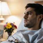 Leibel Lazaroff sits in hospital bed with warm bedside lamp and bouquet of flowers beside a menorah symbolizing hope.