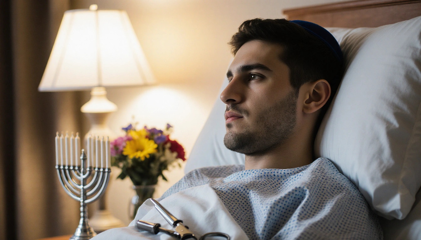 Leibel Lazaroff sits in hospital bed with warm bedside lamp and bouquet of flowers beside a menorah symbolizing hope.