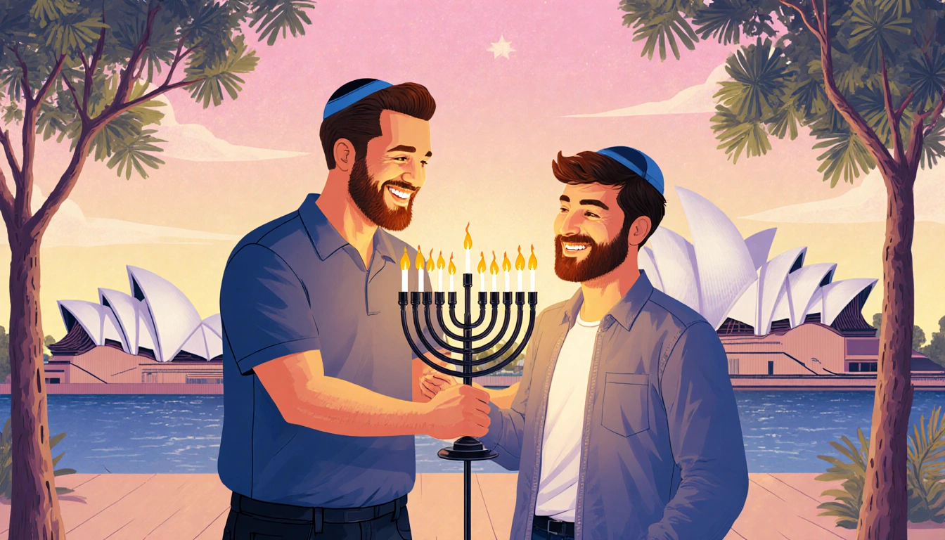 Leibel Lazaroff setting up a menorah with Menachem smiling beside him in a community setting against an Australian background