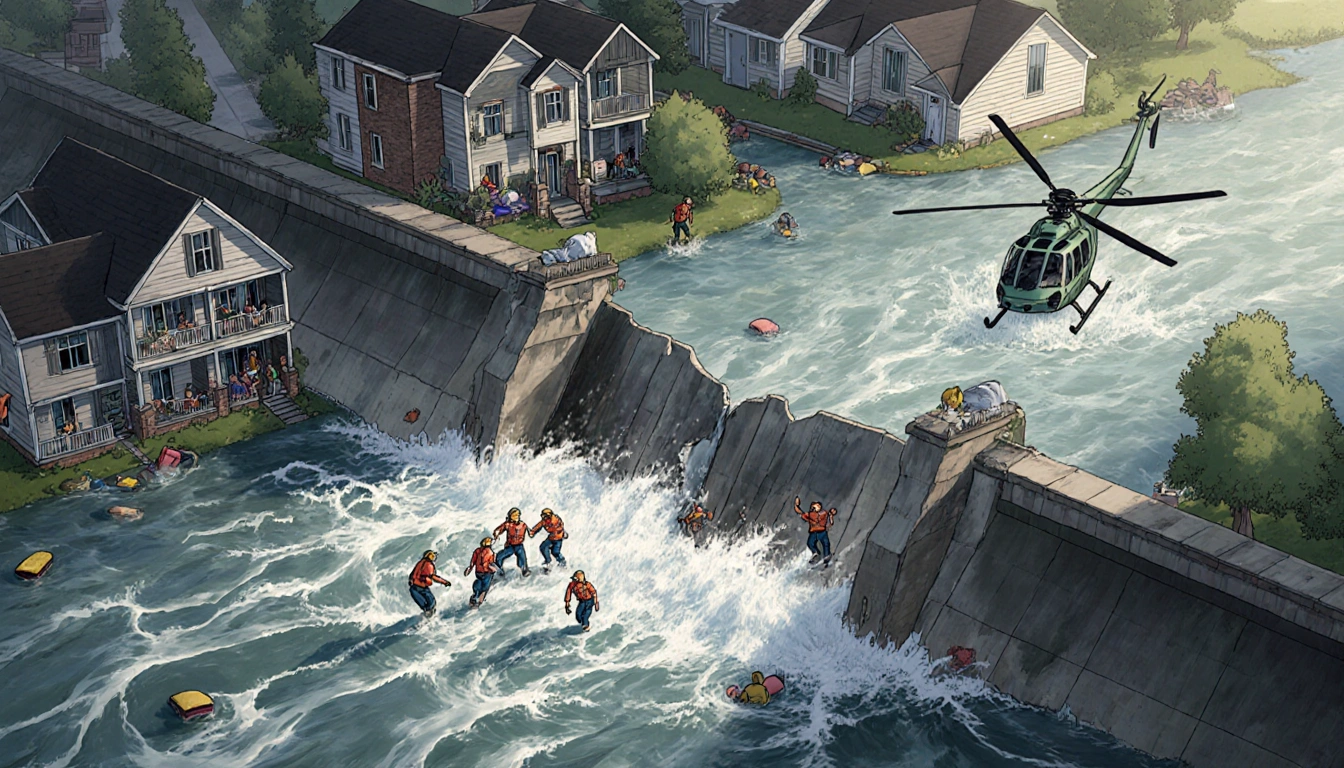 Helicopter lifts residents from flooded window with water flooding from levee breach during evacuation.