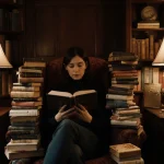 Reader sitting between stacks of books in a library nook with warm lamp glow and plush armchair