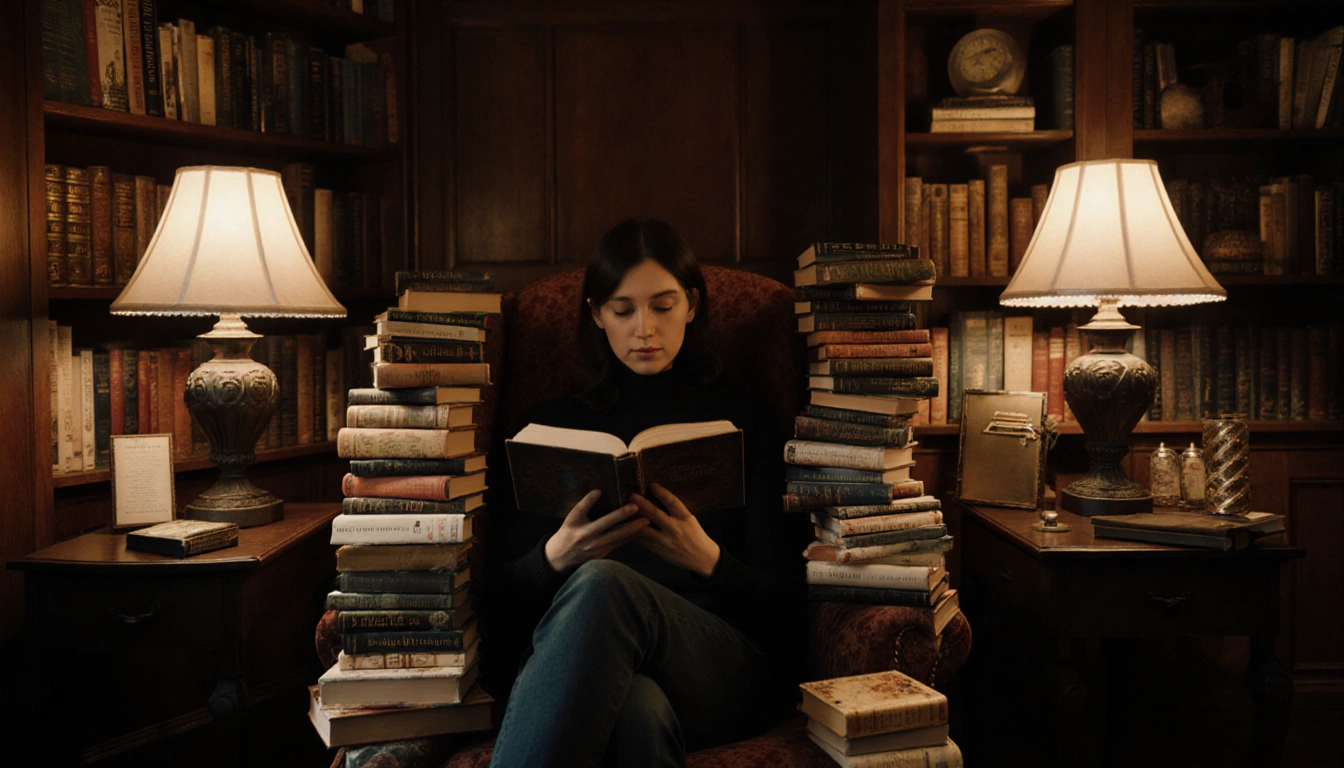 Reader sitting between stacks of books in a library nook with warm lamp glow and plush armchair