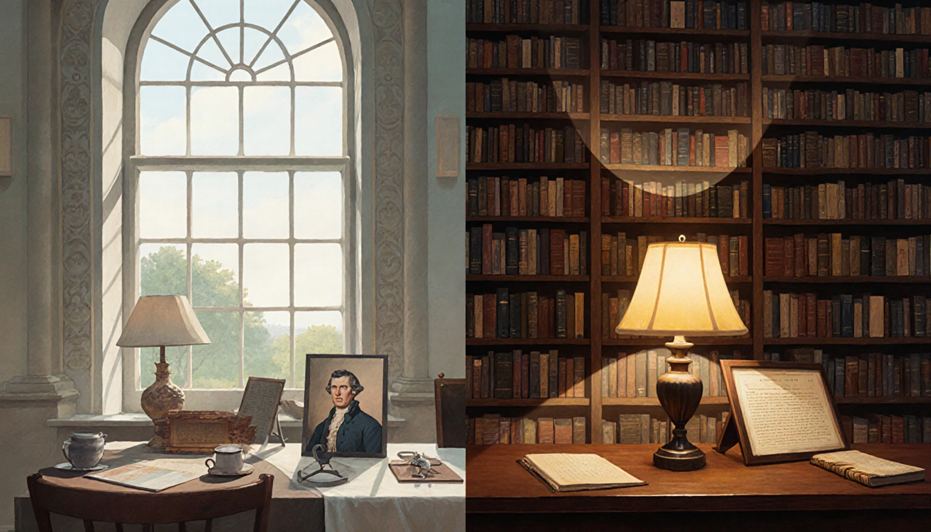 Split-screen displays library with natural light and library with warm lamps with Revolution artifacts on each side