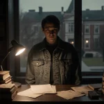 Lone tipster standing in front of dim library shelf with stacks of old books spilling onto floor and blurred cityscape behind