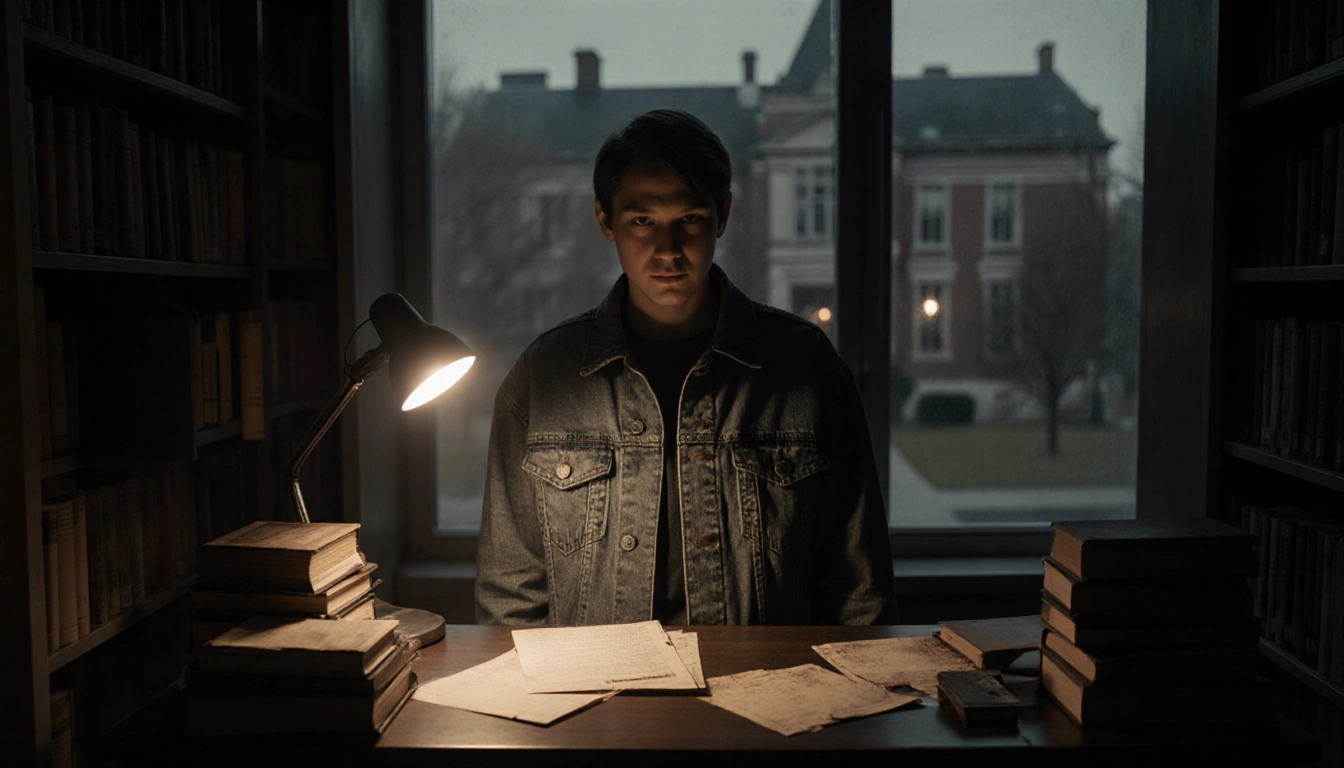 Lone tipster standing in front of dim library shelf with stacks of old books spilling onto floor and blurred cityscape behind