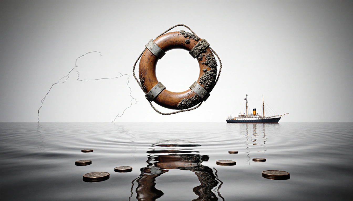 Worn wooden life ring hangs midair with barnacles and rippling water and scattered coins revealing treasure from a shipwreck.