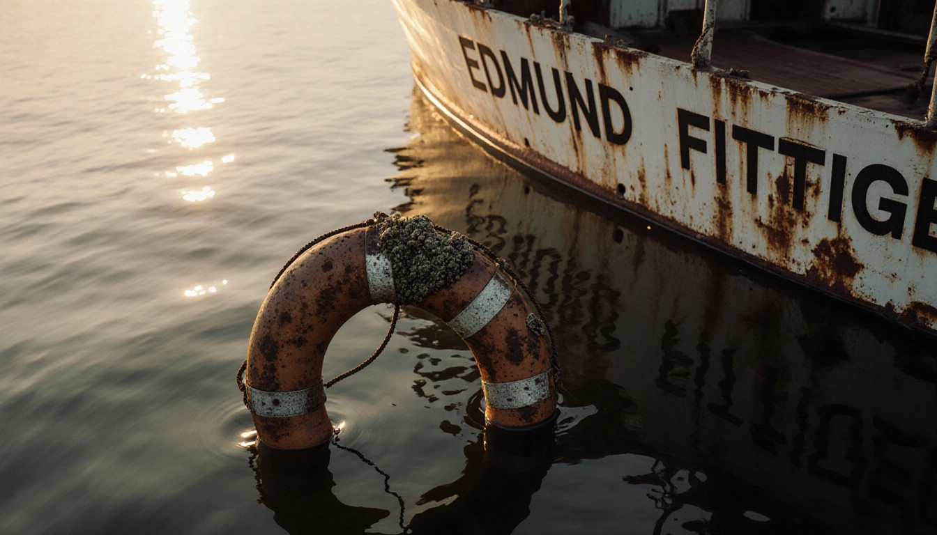 Life ring floats upright in murky Lake Superior waters with rusted metal and barnacles near the decrepit hull of the Edmund F