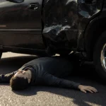 Lifeless pedestrian lying under dark vehicle with chrome wheels reflecting morning sunlight on asphalt.