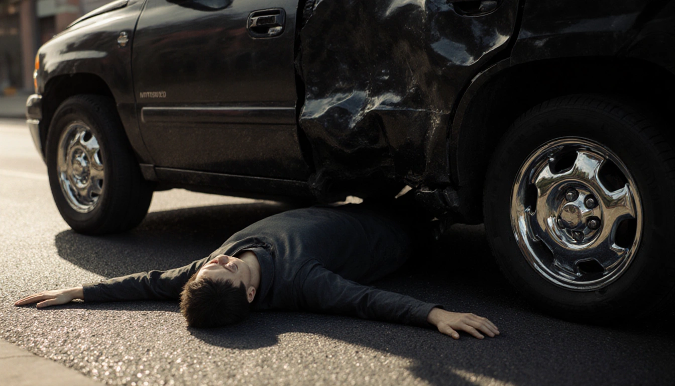 Lifeless pedestrian lying under dark vehicle with chrome wheels reflecting morning sunlight on asphalt.