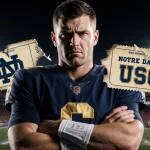 Lincoln Riley stands before a torn ticket stub with faded Notre Dame vs USC text and a Los Angeles stadium behind him, stern