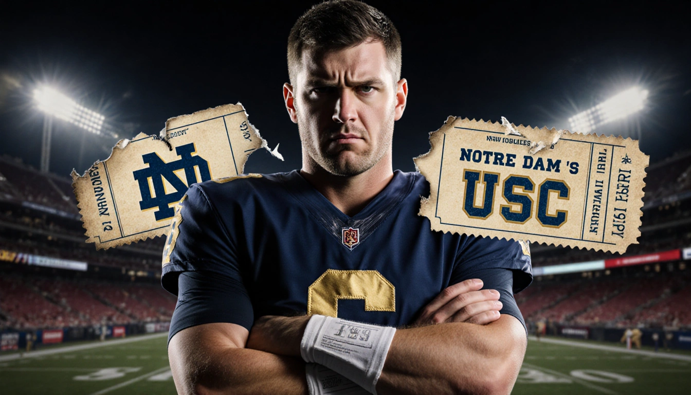 Lincoln Riley stands before a torn ticket stub with faded Notre Dame vs USC text and a Los Angeles stadium behind him, stern