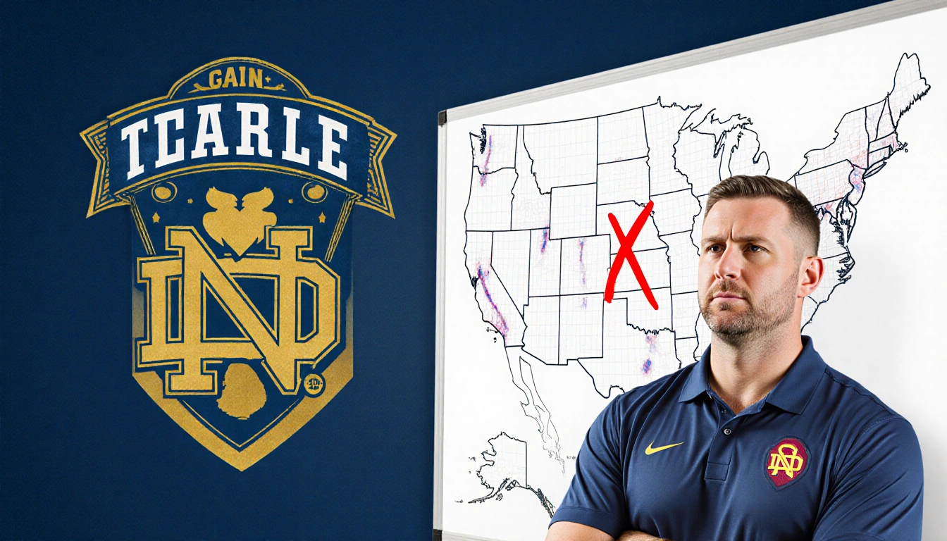 Lincoln Riley pointing at red X on map with frustrated expression with blue and gold backdrop and Notre Dame logo