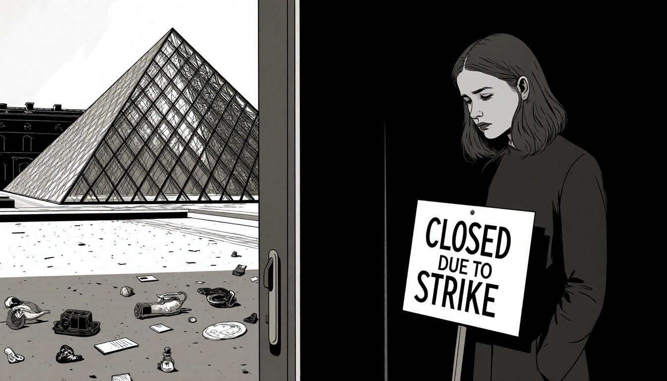 Lindsey Hall stands at an entrance with a Closed sign, her sad face in a window, Louvre pyramid behind.