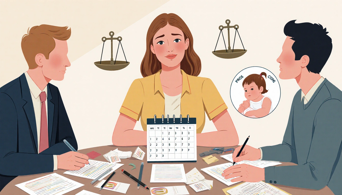 Lindsey Jacobellis weighs decision at a table with papers and a calendar while husband observes and a baby image glows behind