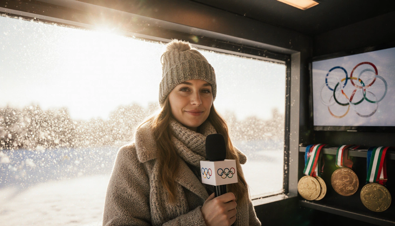 Lindsey Jacobellis stands with microphone under Italian sunlight beside Olympic medals on shelf