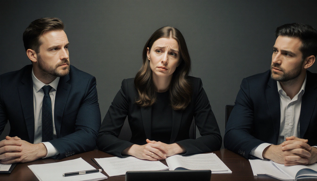 Lindsey Jacobellis sits with her agent and husband on either side, concerned during a decision meeting with papers and a lapt