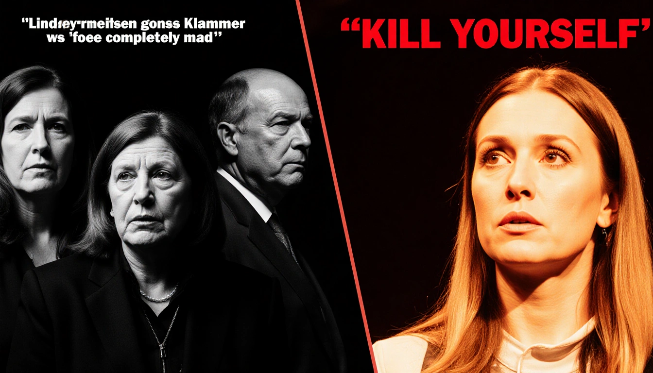 Lindsey Vonn focused with warm light illuminating her face on one side while critics shout hateful words in dark background o