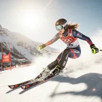 Lindsey Vonn speeding down snowy slope with St. Moritz course and golden sun illuminating her