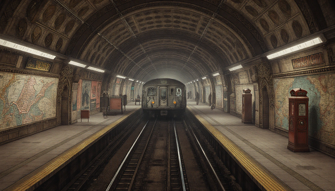 Line C subway tunnel winding with Romanesque arches and platforms vintage ticket machines and old maps