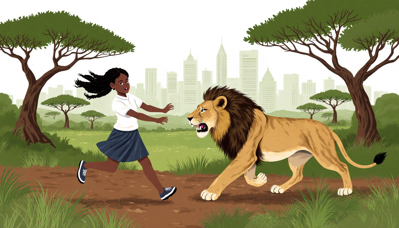 Girl running from a charging lion with lush acacia trees and Nairobi skyline in background