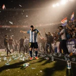 Messi looks frustrated with debris and broken signs in a chaotic stadium full of angry fans