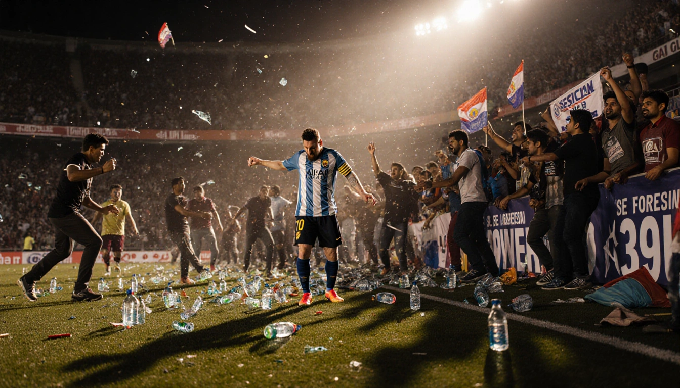 Messi looks frustrated with debris and broken signs in a chaotic stadium full of angry fans