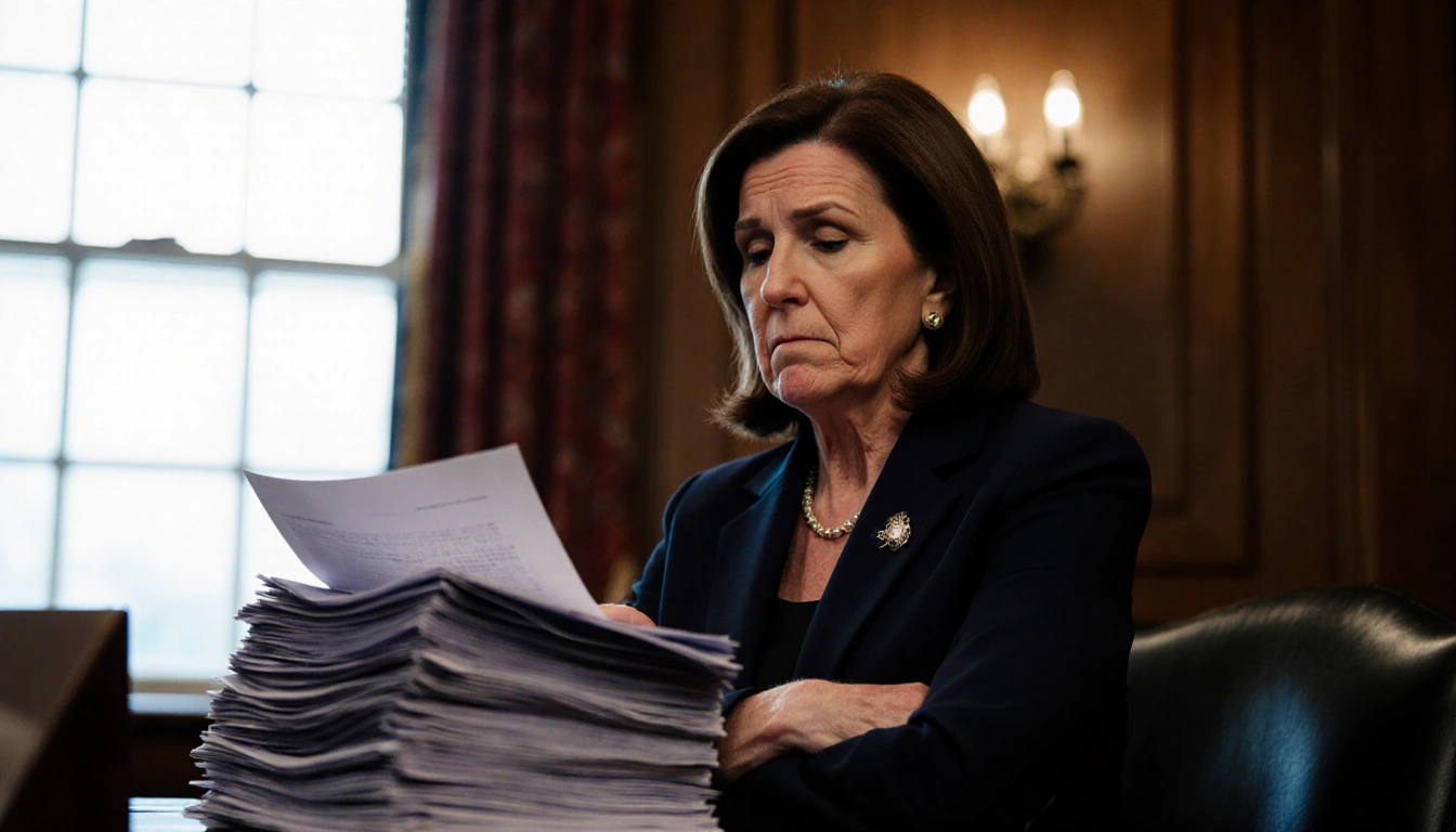 Senator Lisa Murkowski sitting with arms crossed looking at redacted documents with warm window light in office