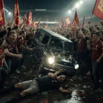 Minivan crashing through screaming Liverpool soccer fans with an injured person on the ground and neon banners hanging