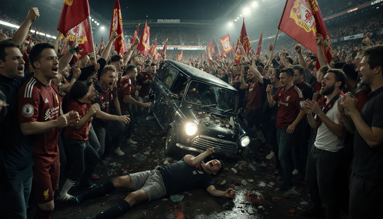 Minivan crashing through screaming Liverpool soccer fans with an injured person on the ground and neon banners hanging