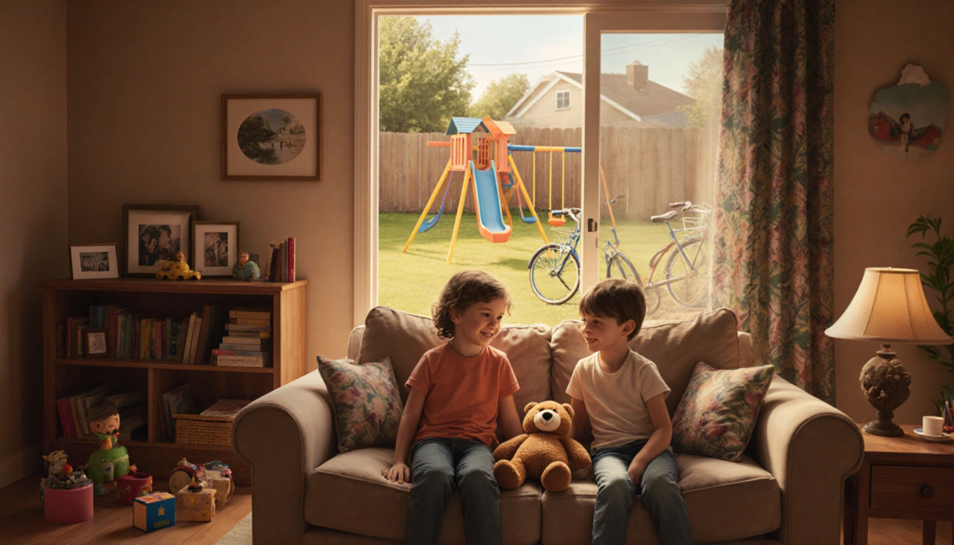 Two children sit on couch with stuffed animal and family photos door opens to backyard swing.