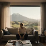 Person sits on plush couch in living room with large window showing rolling hills and inspirational quotes on wall.