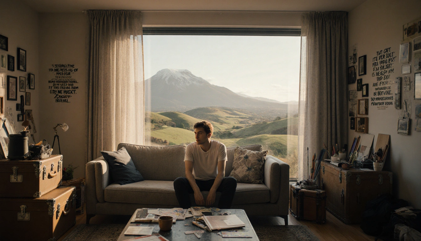 Person sits on plush couch in living room with large window showing rolling hills and inspirational quotes on wall.