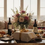 Gift box waiting to be opened with floral arrangement and warm natural light