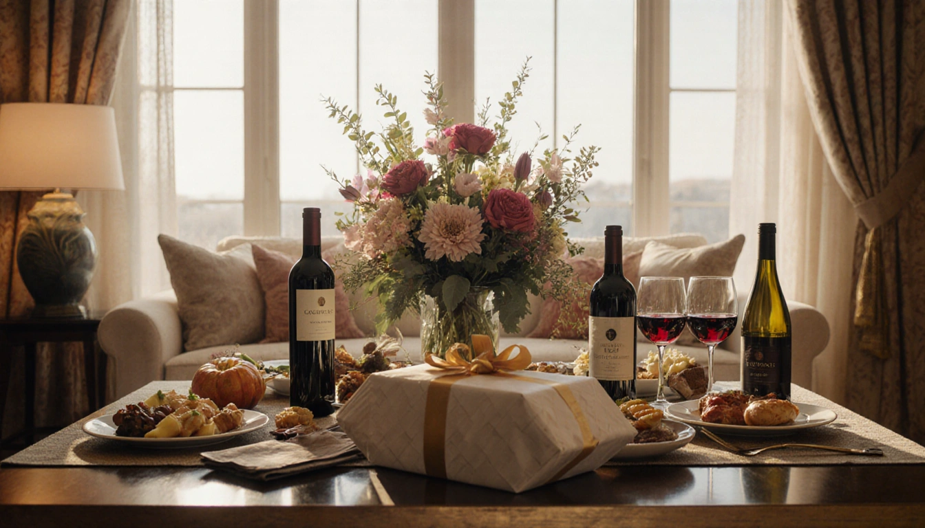 Gift box waiting to be opened with floral arrangement and warm natural light