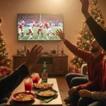 Football fans cheering and high‑fiving while watching a TV screen with festive holiday decorations and snacks around.