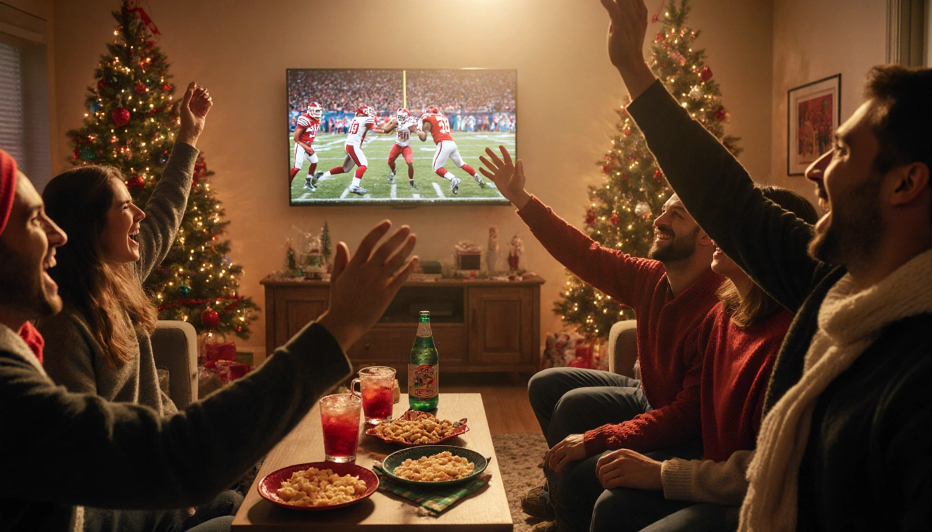 Football fans cheering and high‑fiving while watching a TV screen with festive holiday decorations and snacks around.