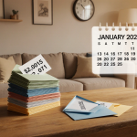 Living room table holds stack of envelopes with open slips showing dollar amounts and a faint January 2026 clock in light