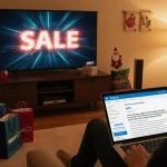 Person sitting on couch watching TV with flashing SALE graphic and Walmart promo codes on tablet surrounded by shopping bags.