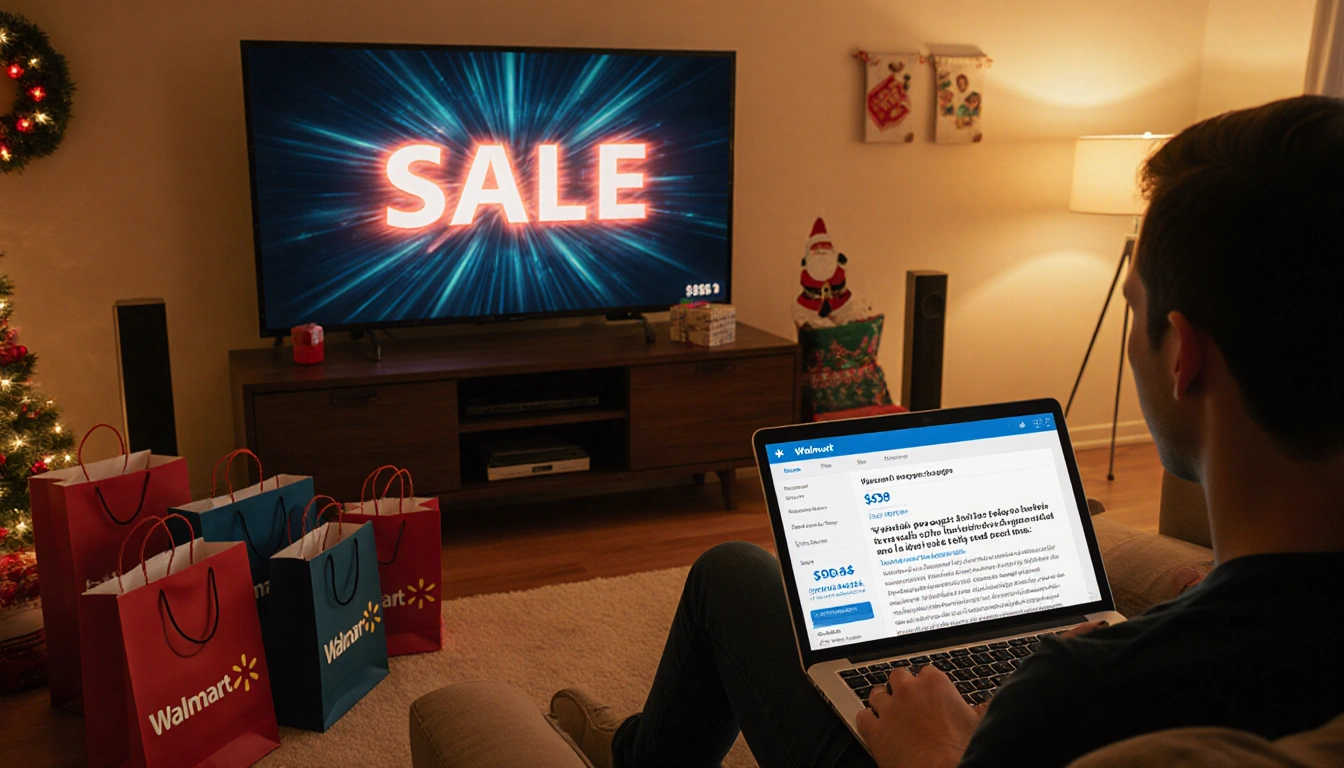 Person sitting on couch watching TV with flashing SALE graphic and Walmart promo codes on tablet surrounded by shopping bags.