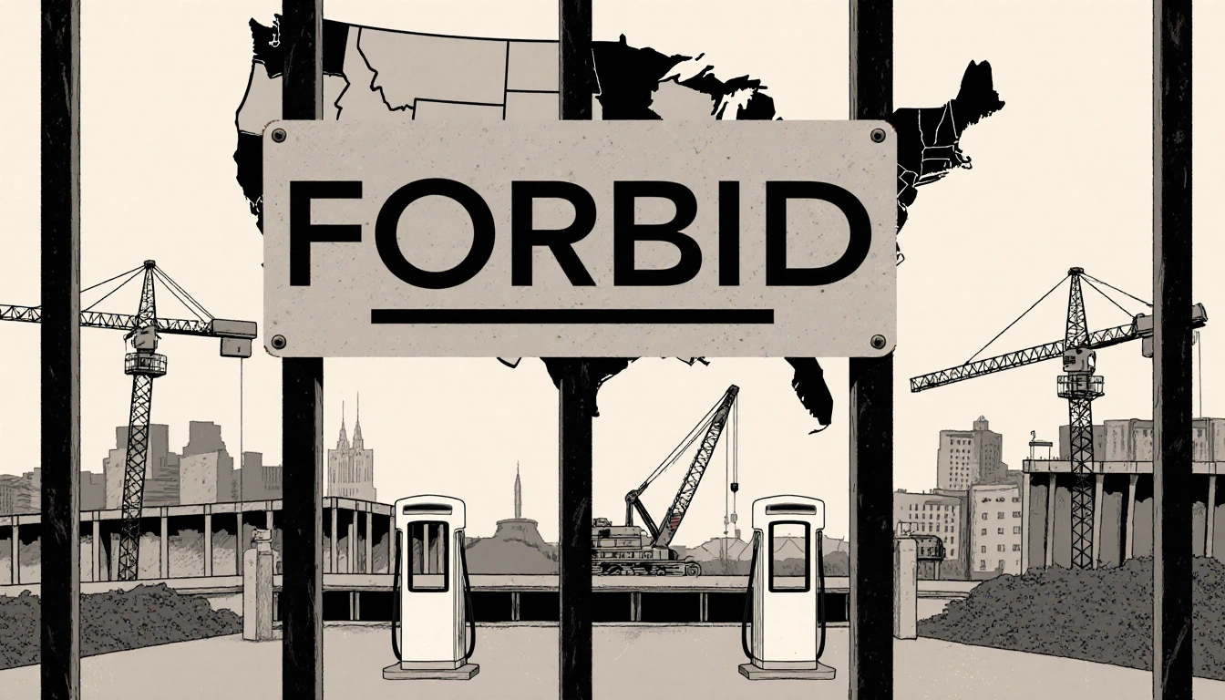 Gate blocks access with sign federal funds and map featuring highlighted states and construction equipment and charging stati