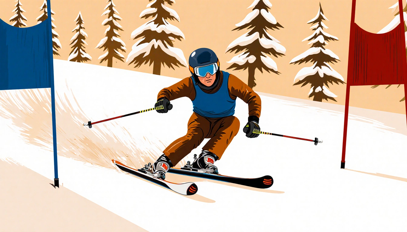 Loic Meillard skiing through a tight gate in Val d'Isère with motion lines and snow-covered pine trees behind